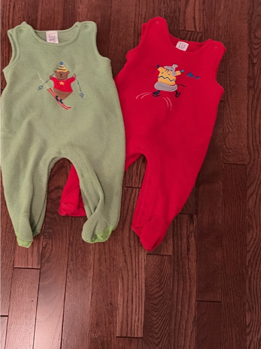 GAP Fleece Baby Footies in Green and Red with Skiing Bear Embroidery